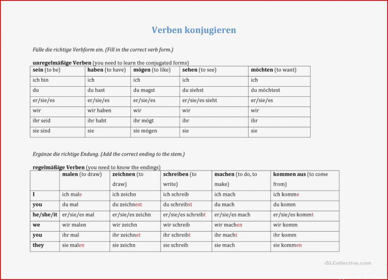 Verben konjugieren Arbeitsblatt Kostenlose DAF