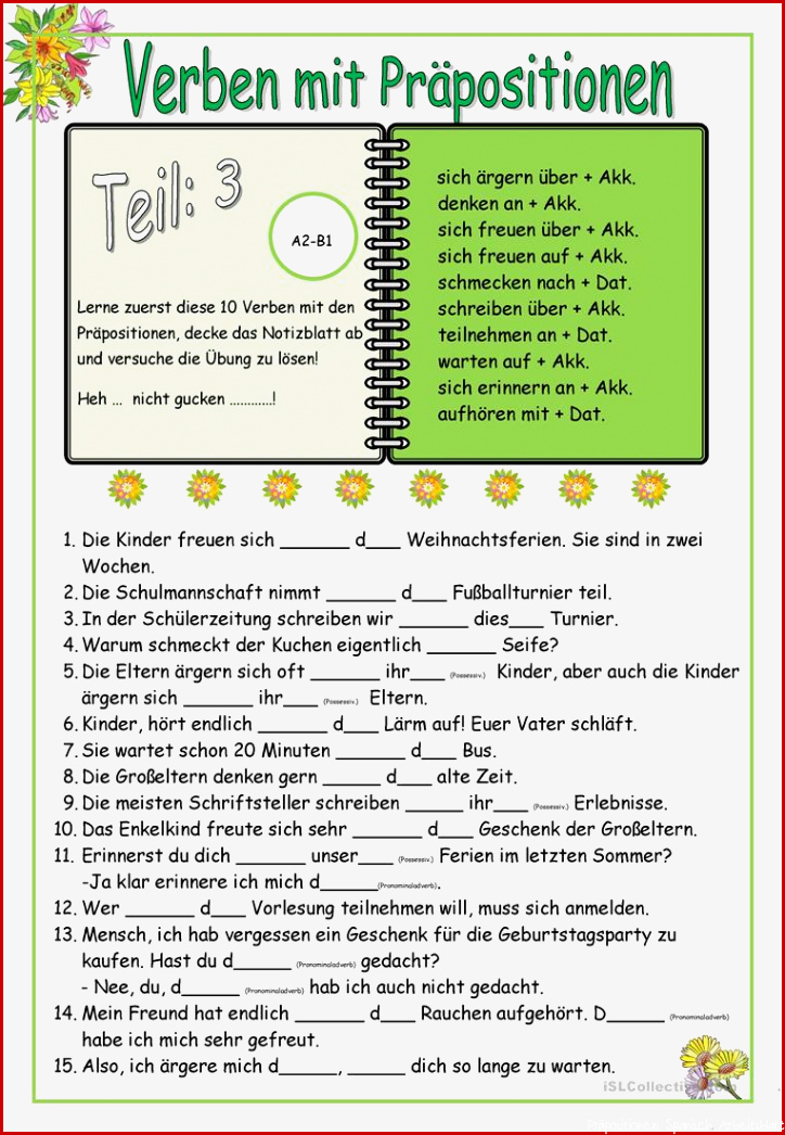 Verben mit Präpositionen Teil 3 A2 B1 Übung Arbeitsblatt