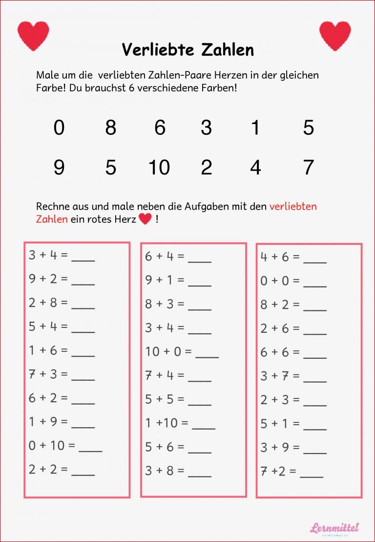 Verliebte Zahlen Mathe Klasse 1 – Unterrichtsmaterial im