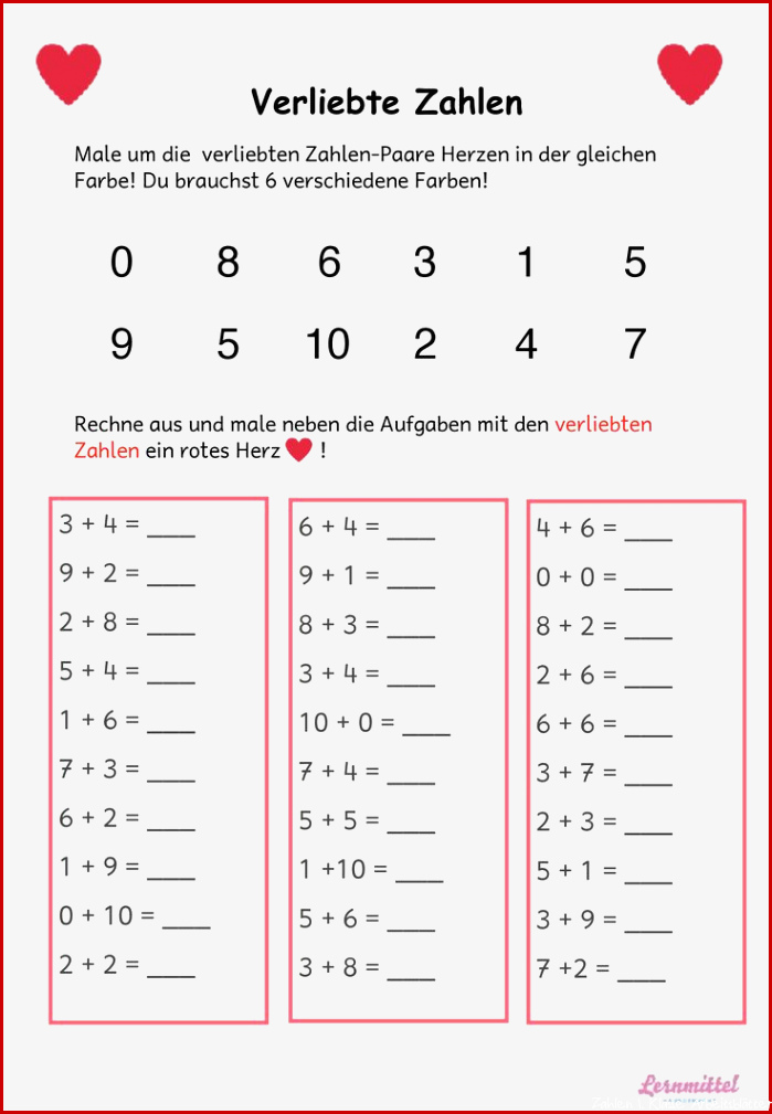 Verliebte Zahlen Mathe Klasse 1 – Unterrichtsmaterial im
