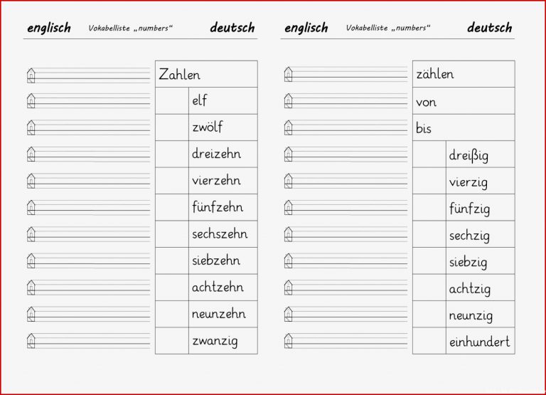 Vokabelliste Numbers Zahlen Bis 100 Zum Einkleben Ins
