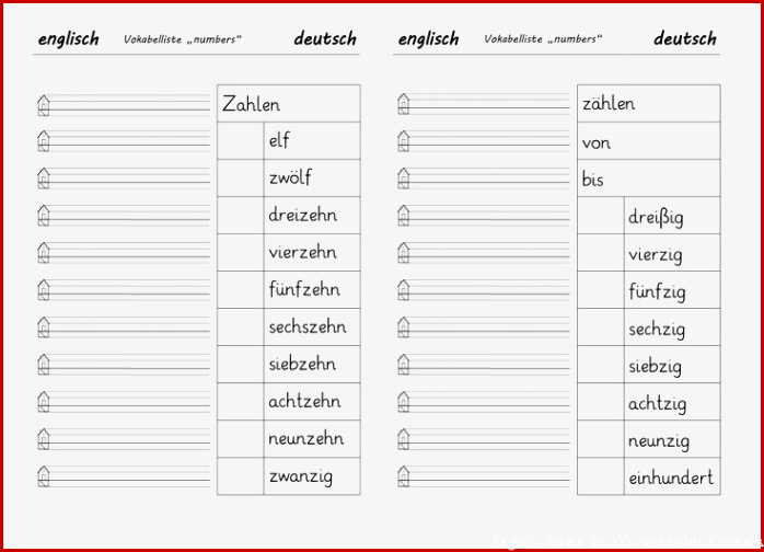 Vokabelliste numbers Zahlen bis 100 zum Einkleben ins