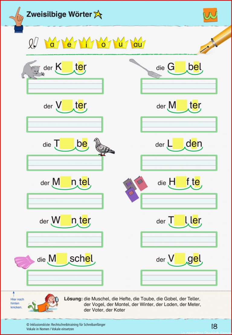 Vokale In Nomen Zweisilbige Wörter – Unterrichtsmaterial