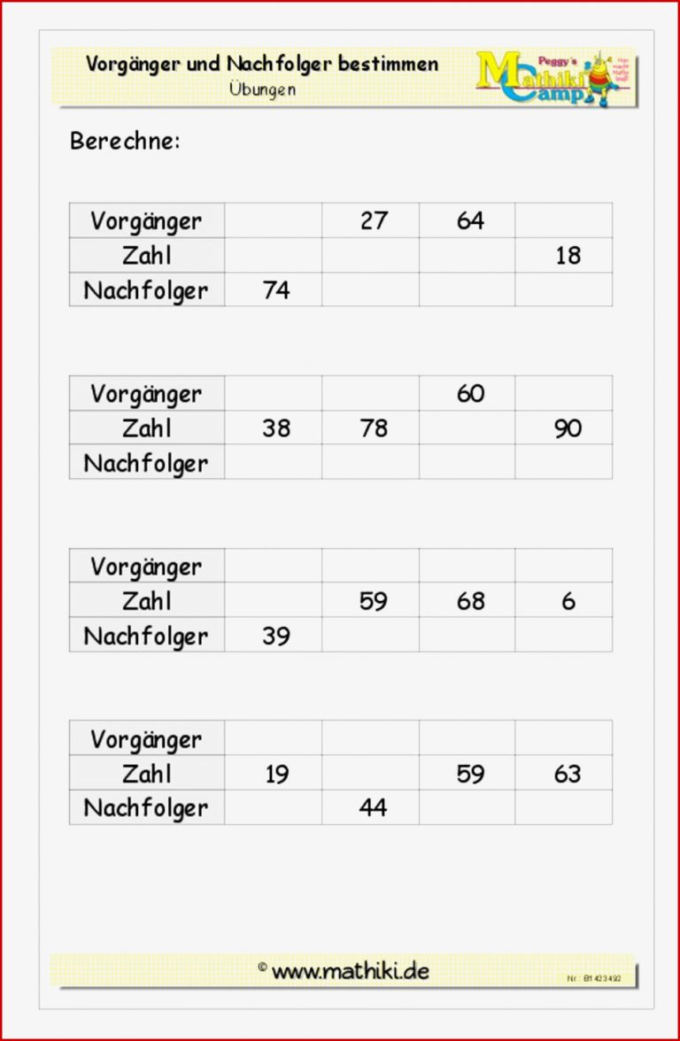 Vorgänger Nachfolger bis 100 Klasse 2 mathiki