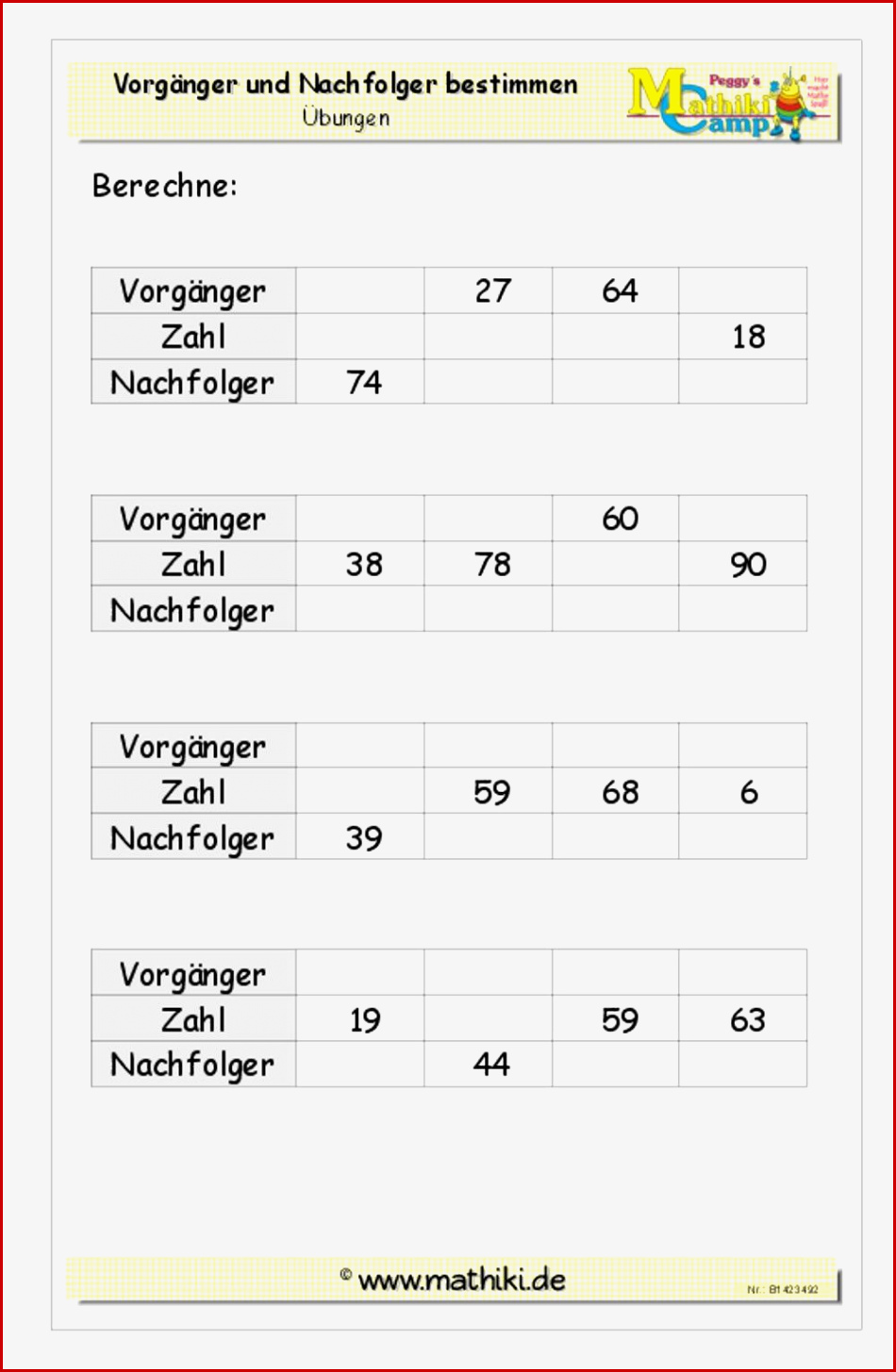 Vorgänger Nachfolger Bis 100 Klasse 2 Mathiki