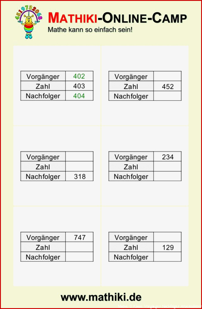 Vorgänger Nachfolger bis 1000 Klasse 3