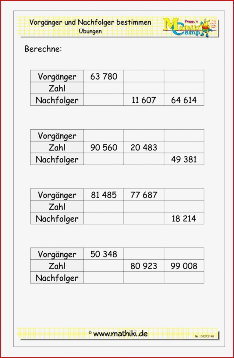 Vorgänger Nachfolger bis Klasse 4 mathiki