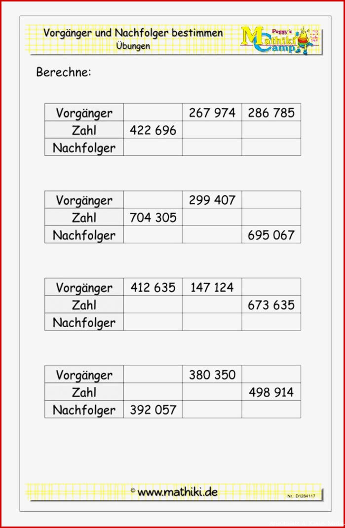 Vorgänger und Nachfolger bis 1 Million Klasse 4