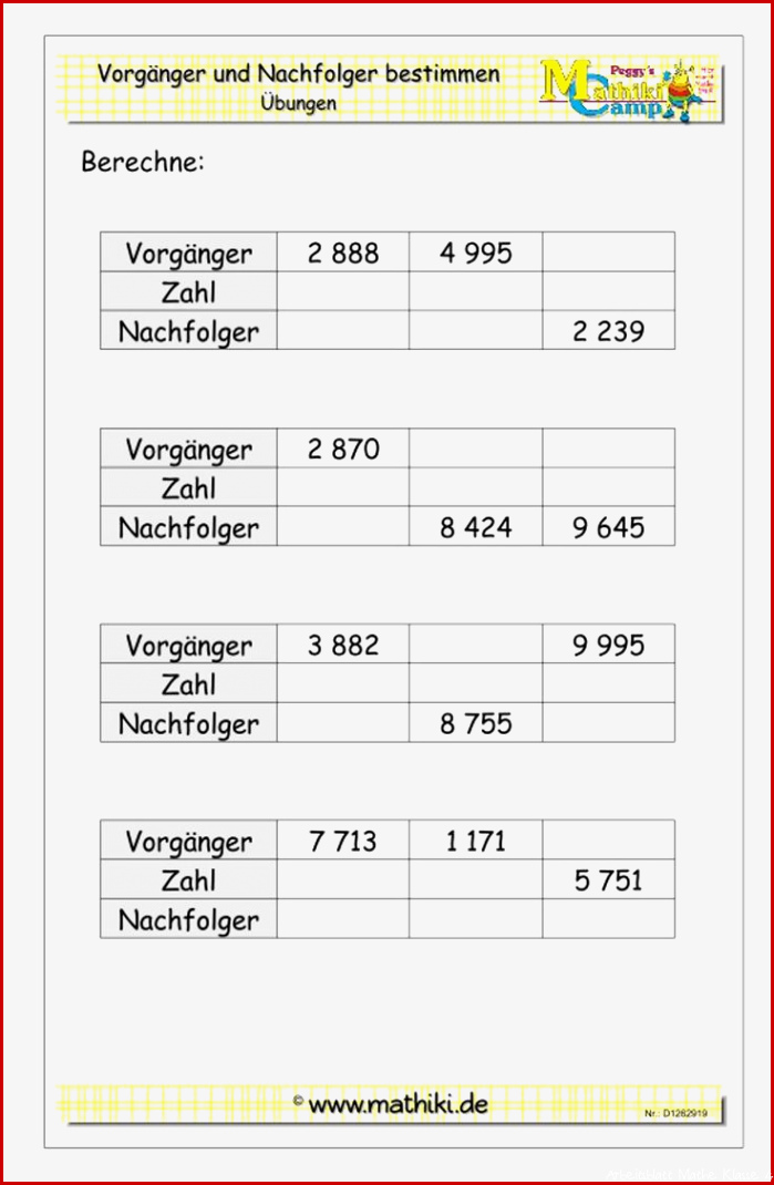 Vorgänger und Nachfolger bis Klasse 4 mathiki