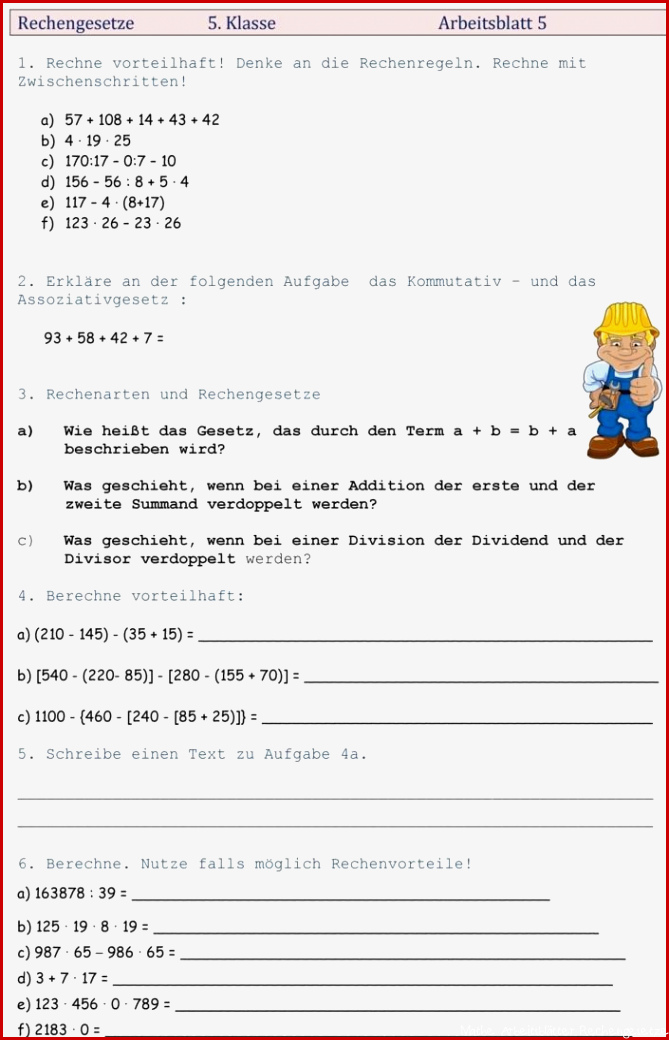 Vorteilhaftes Rechnen Klasse 5 Arbeitsblätter Worksheets