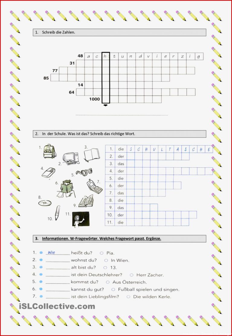 Wiederholung Zahlen Schulsachen W Fragewörter