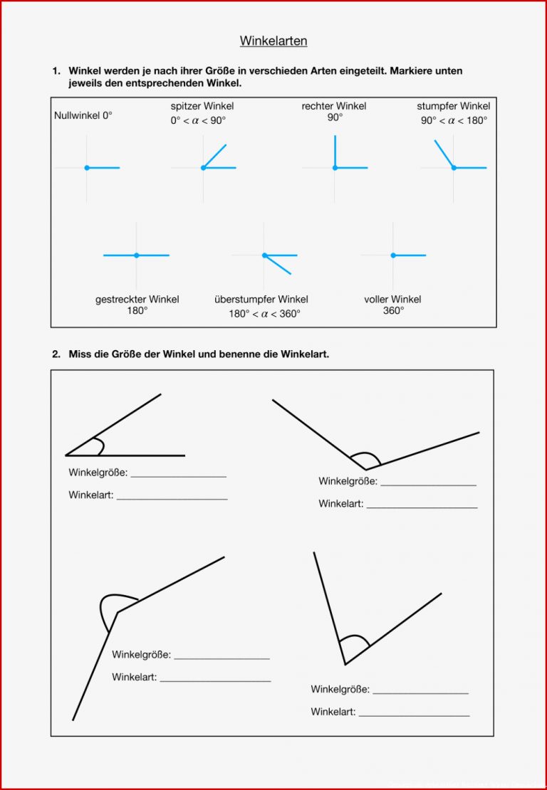 Winkelarten Und Winkel Messen Arbeitsblatt
