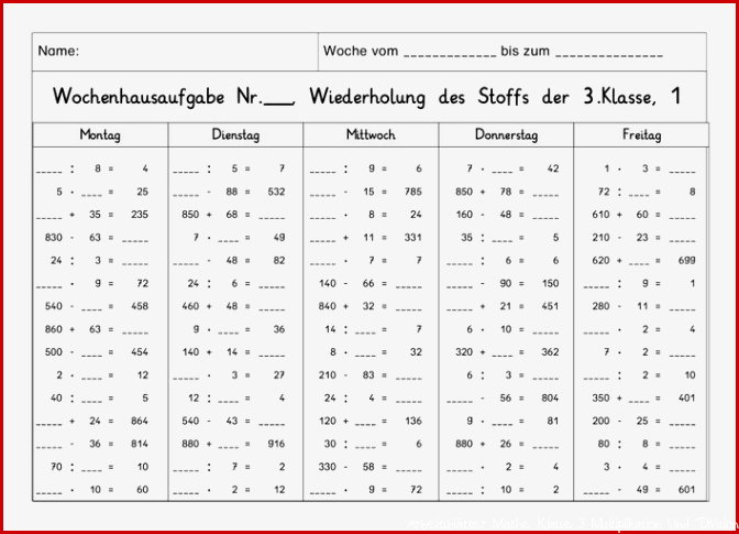 Wochenhausaufgabe Mathe, 3.Klasse, alle Rechenarten gemischt ZR1000