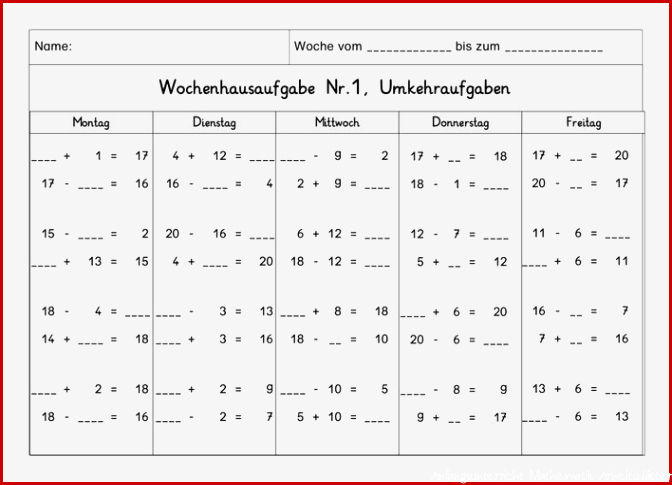 Wochenhausaufgabe Mathematik 1 Klasse Umkehraufgaben