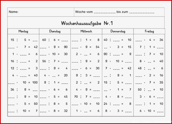 Wochenhausaufgabe Mathematik, 2.Klasse, Mal-und Geteiltaufgaben, alle Reihen