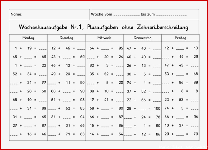 Wochenhausaufgabe Mathematik, 2.Klasse, Plus im ZR100 oÜ