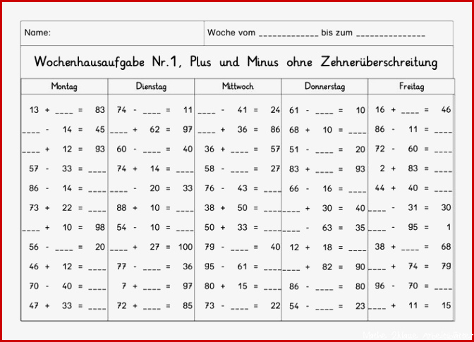 Wochenhausaufgabe Mathematik, 2. Klasse, Plus und Minus im ZR100 oÜ