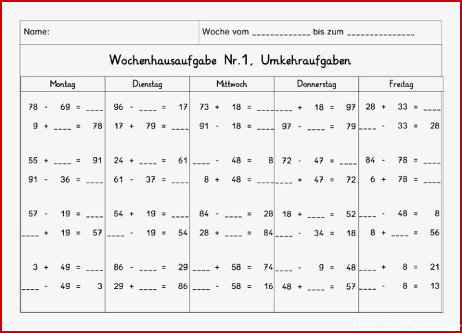 Wochenhausaufgabe Mathematik, 2.Klasse, Umkehraufgaben im ZR100 mÜ