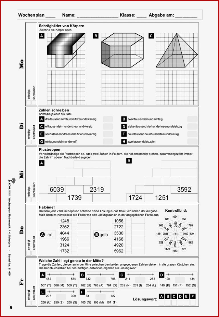 Wochenplan Mathe Klasse 4 Ab 9 J 80 S