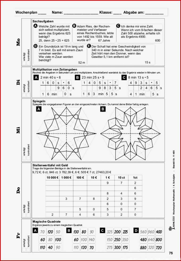 Wochenplan Mathe Klasse 4 Pdf Ab 9 J 80 S