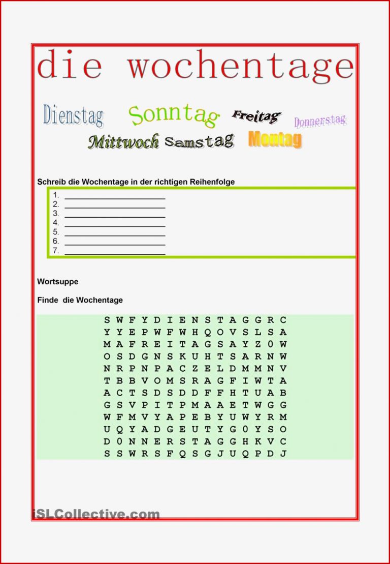 Wochentage Lernen Arbeitsblätter Worksheets