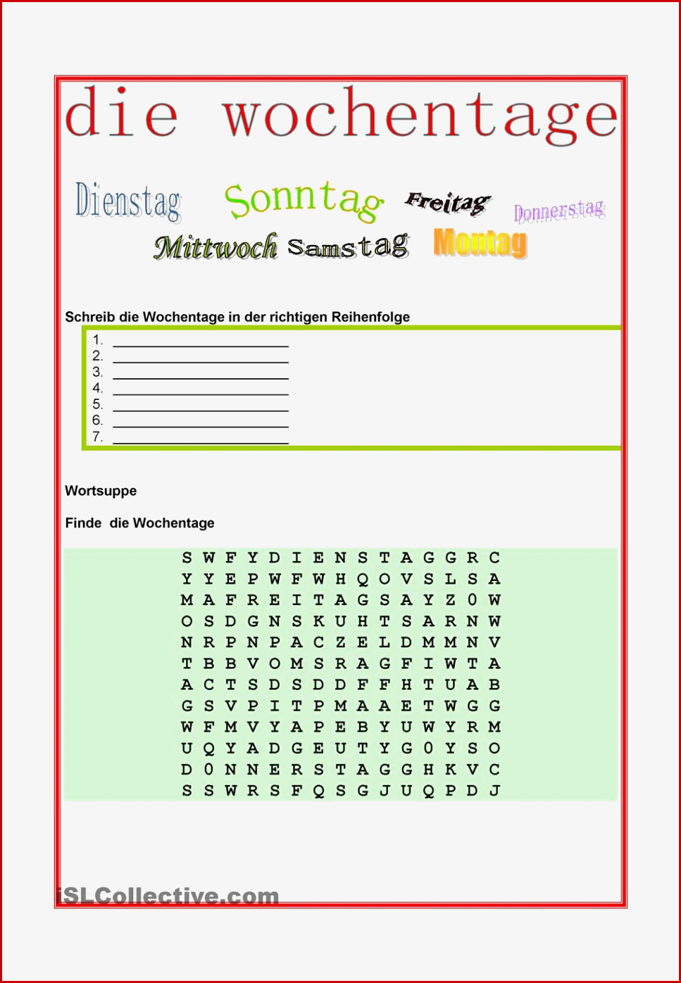 Wochentage Lernen Arbeitsblätter Worksheets