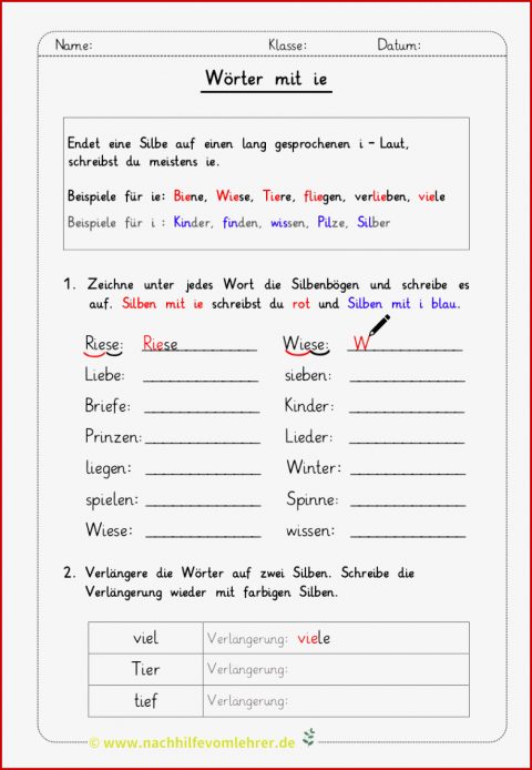 Wörter Mit Ie Arbeitsblatt Für Grundschule Kostenlos