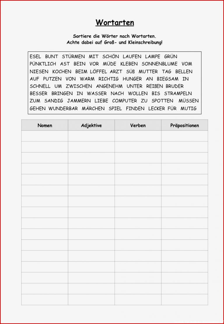 Wortarten Tabelle N V A P – Unterrichtsmaterial in