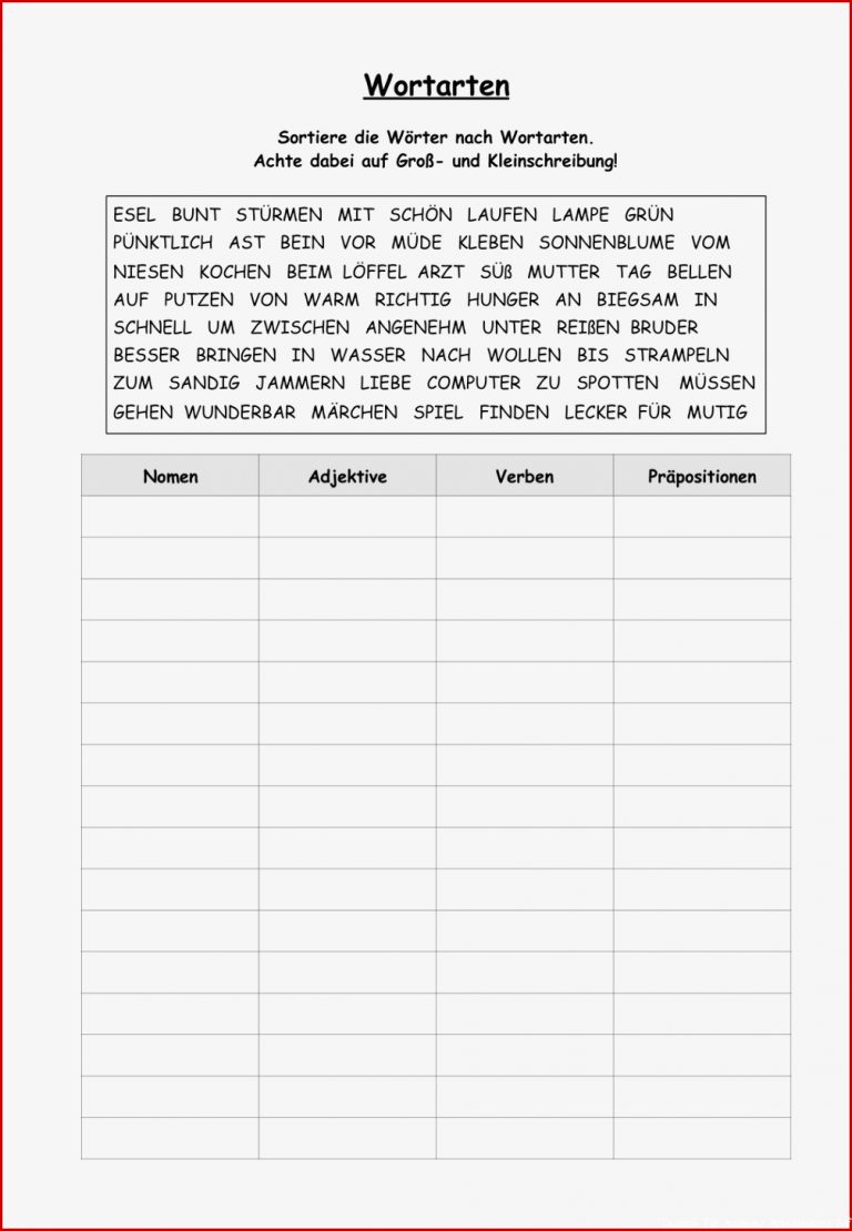 Wortarten Tabelle N V A P – Unterrichtsmaterial In