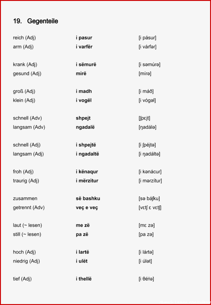 WORTSCHATZ DEUTSCH ALBANISCH Gegenteile in 2020