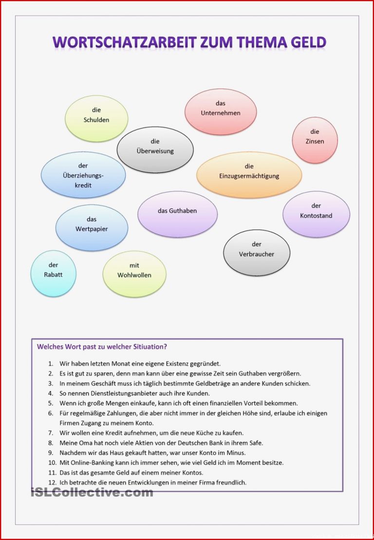 Wortschatzübung Zum thema Geld