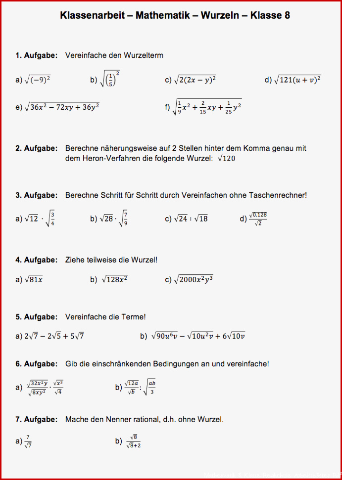 Wurzeln Aufgaben Klasse 8 Matheaufgaben Wurzeln PDF