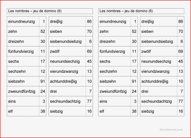 Zahlen Domino Arbeitsblatt Kostenlose Daf Arbeitsblätter