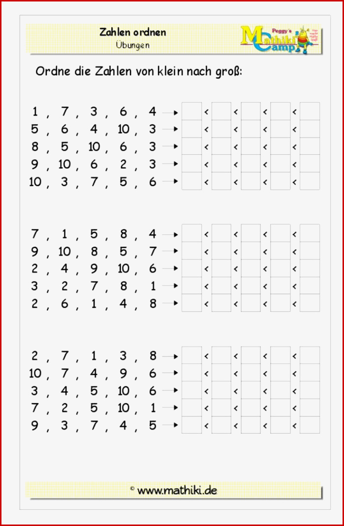 Zahlen ordnen Bis 10 Klasse 1 Kostenloses Arbeitsblatt
