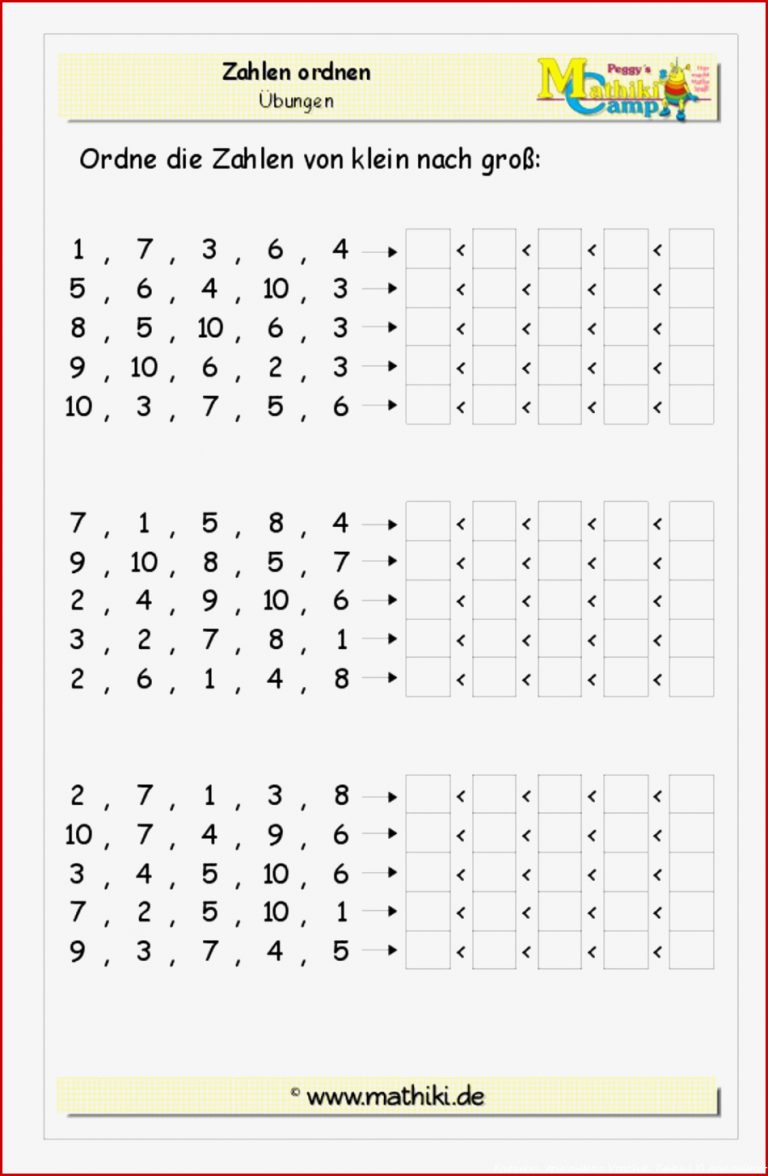 Zahlen ordnen Bis 10 Klasse 1 Kostenloses Arbeitsblatt