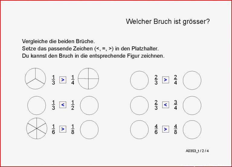 Zahlen ordnen einfache Brüche Nenner 2 3 4 6 8 vergleichen