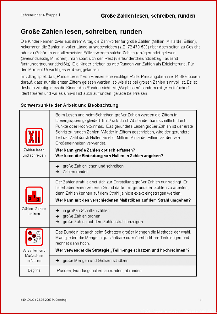 Zahlen und Zahlwörter lesen und schreiben Große Zahlen