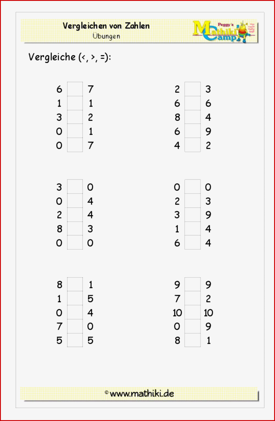 Zahlen Vergleichen Bis 10 Klasse 1 Kostenloses