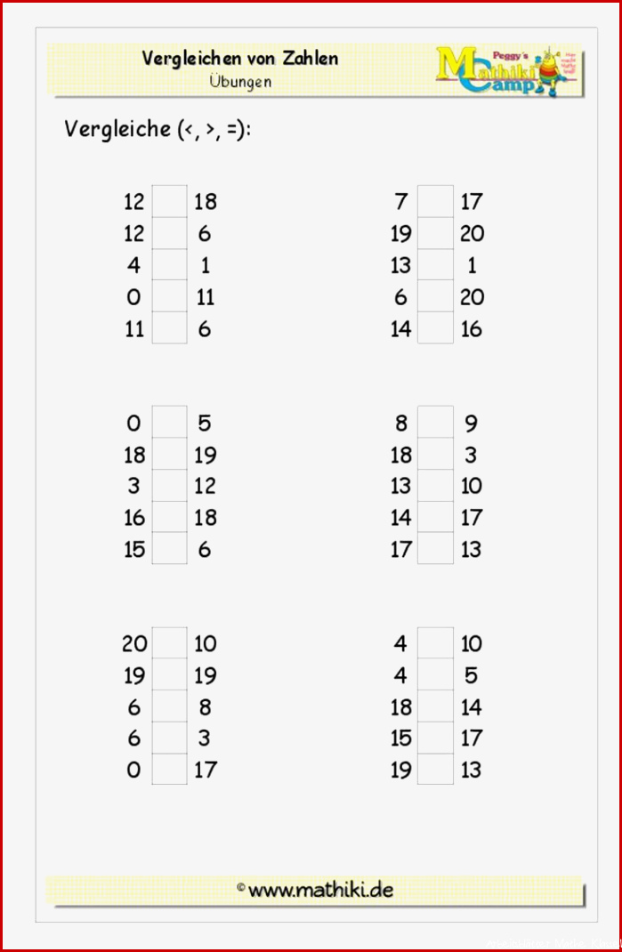 Zahlen vergleichen bis 20 Klasse 1 kostenloses