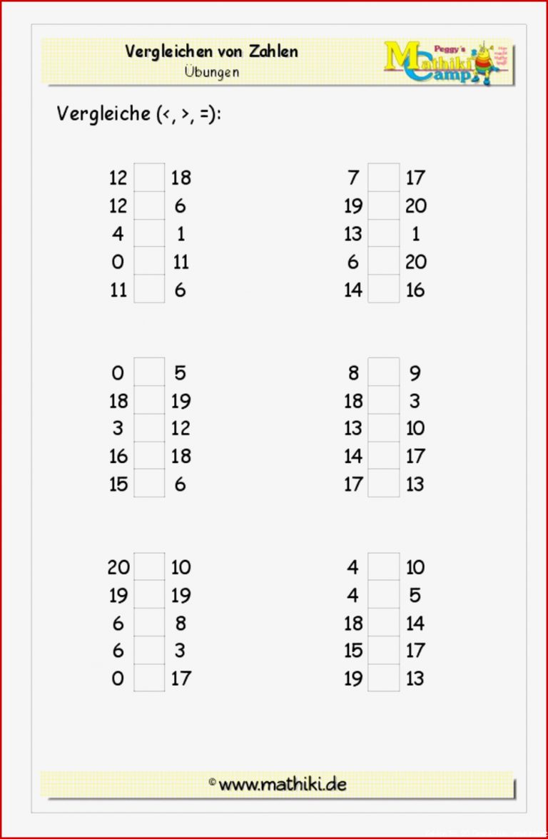 Zahlen Vergleichen Bis 20 Klasse 1 Kostenloses