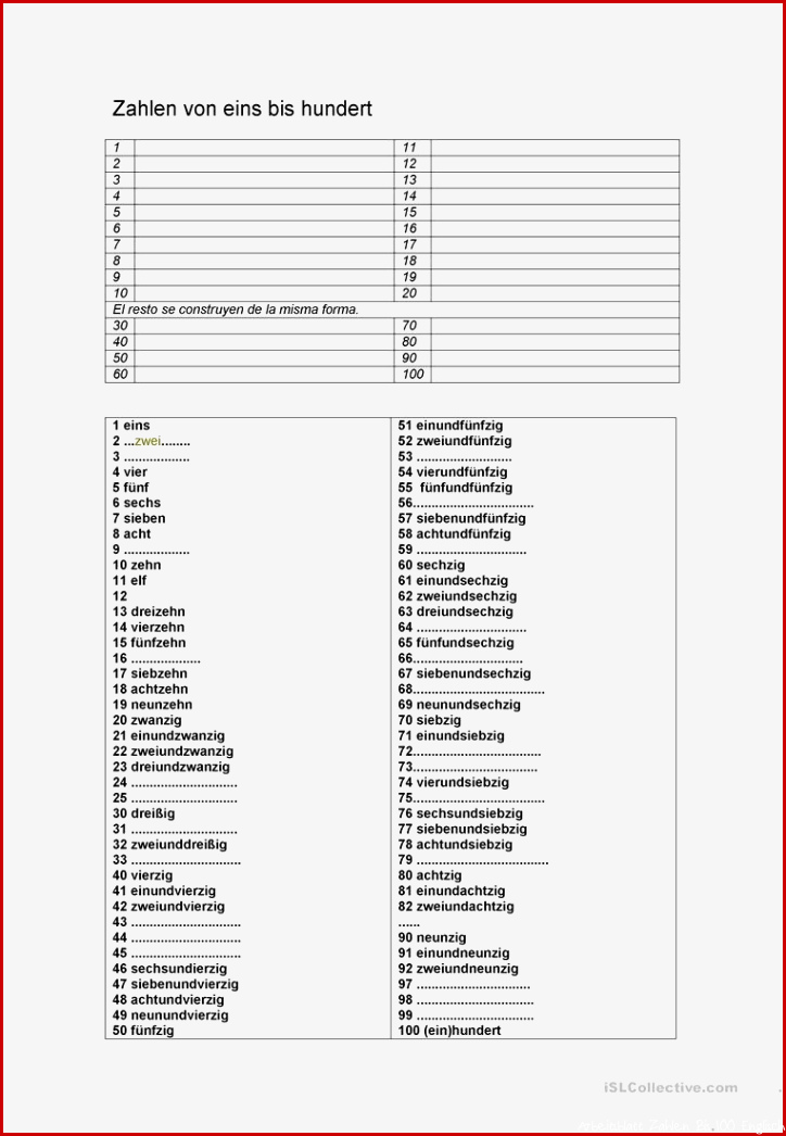 Zahlen von 1 bis 100 Arbeitsblatt Kostenlose DAF