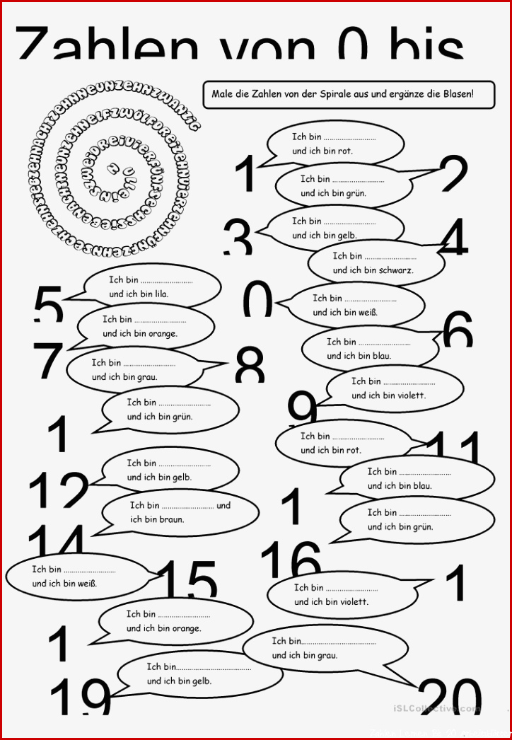 Zahlen von 1 bis 20 Arbeitsblatt Kostenlose DAF