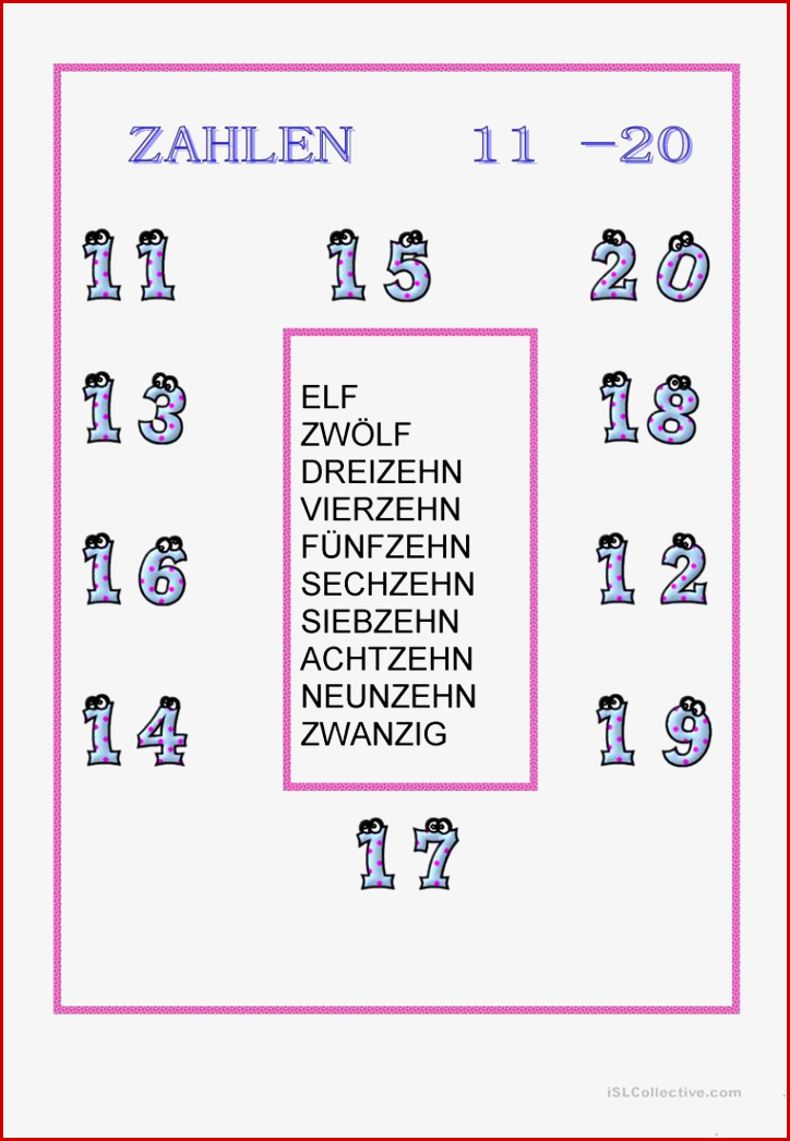 Zahlen Von 11 20 Arbeitsblatt Kostenlose Daf Arbeitsblätter