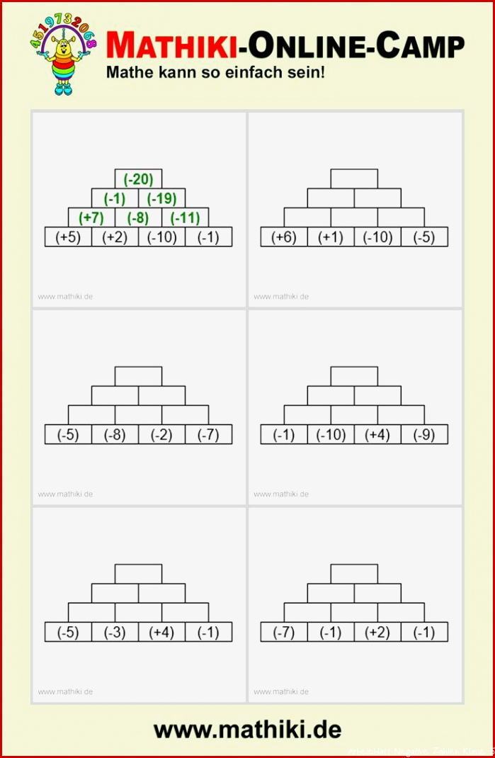 Zahlenmauern mit ganzen Zahlen Klasse 5 6 mathiki