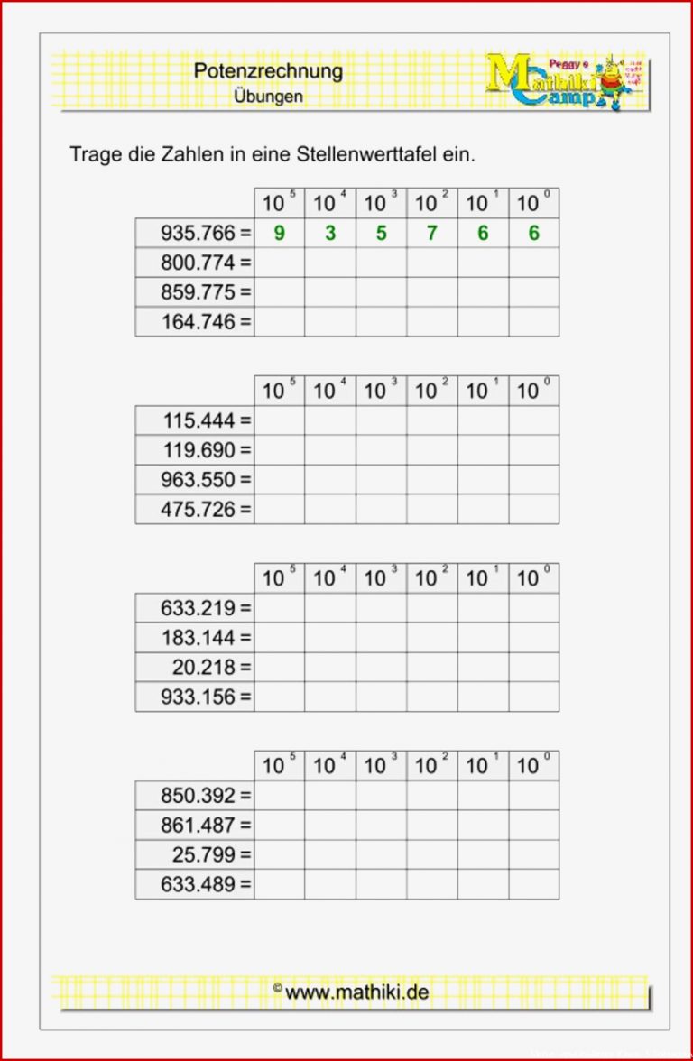 Zehnerpotenzen in Stellenwerttafel Klasse 5 6 mathiki