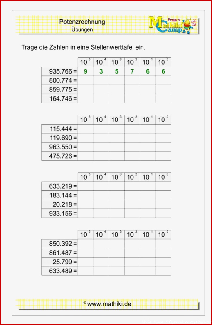 Zehnerpotenzen in Stellenwerttafel Klasse 5 6 mathiki